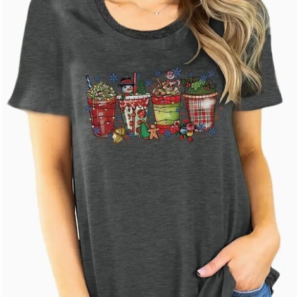 NEW! Trendy Holiday Christmas Fancy Coffee Drinks T Shirt Grey Plaid Party - Picture 1 of 4